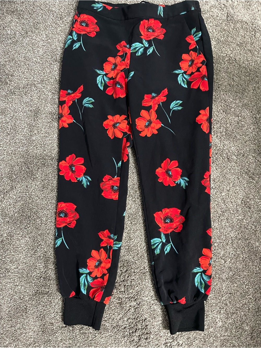 Express Black Track Joggers with Red Floral Print